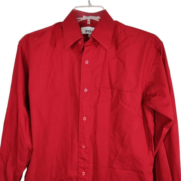 Modena Red Button Up Dress Shirt Men Size 15 32 33 Long Sleeve Pocket Business - Picture 2 of 7